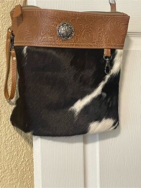 Myra crossbody purse  Canvas Lined Interior with Black cow hair used 2 times